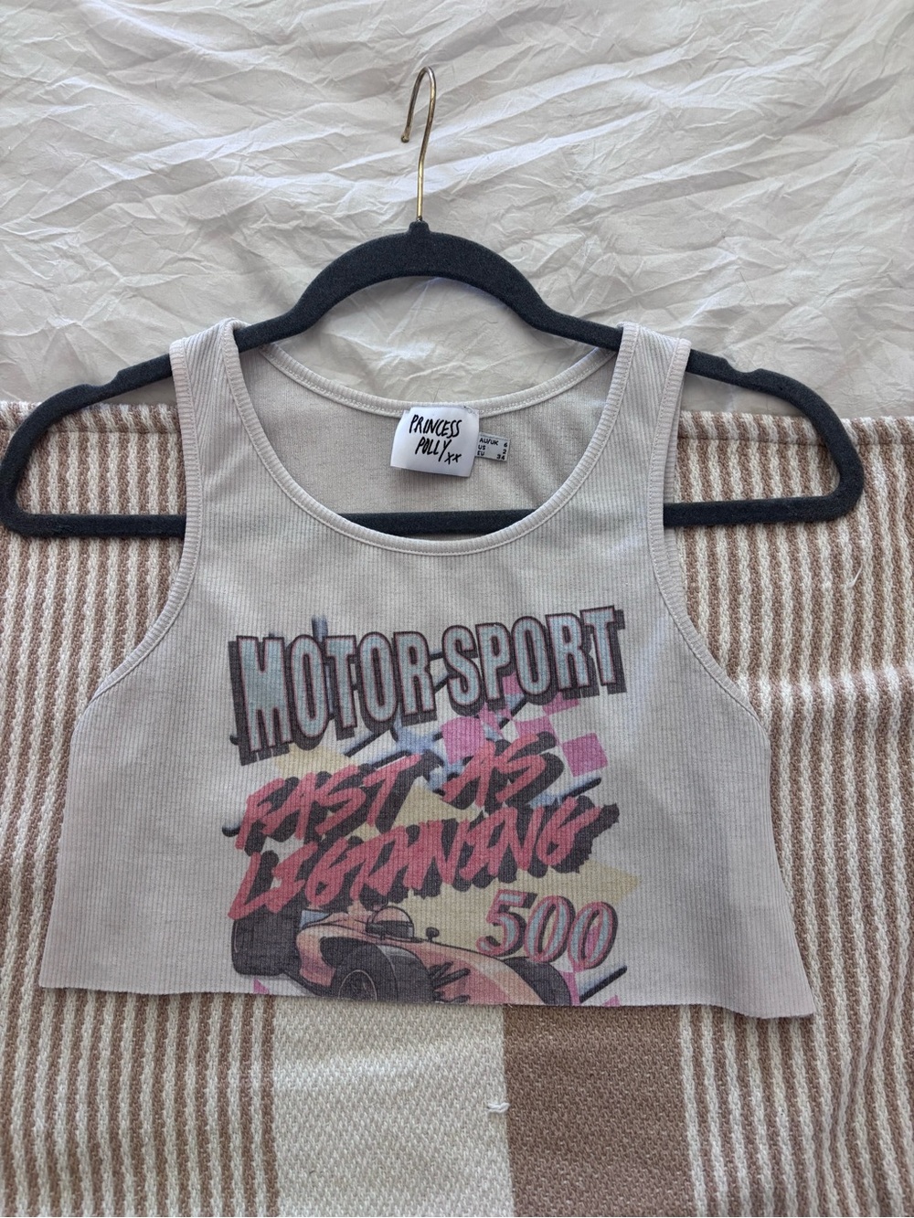 Princess Polly Girls' Cream Motorsport Graphic Crop Tank Top